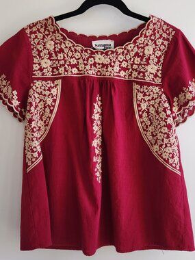 Savanna Jane Red Embroidered Boho Top Small Floral Peasant Blouse